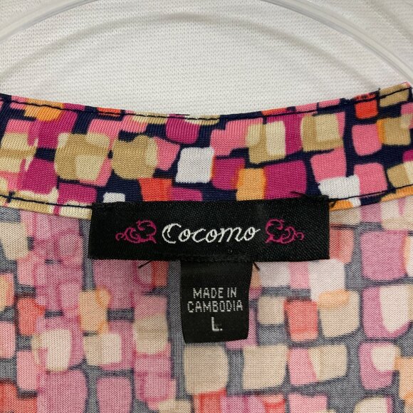 Cocomo Large Multi Color Split Neck Rolled Sleeve Pintuck Popover Blouse Office - Picture 2 of 10